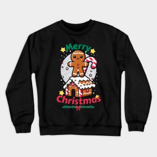 Gingerbread Man with Candy Cane on Gingerbread House. Crewneck Sweatshirt